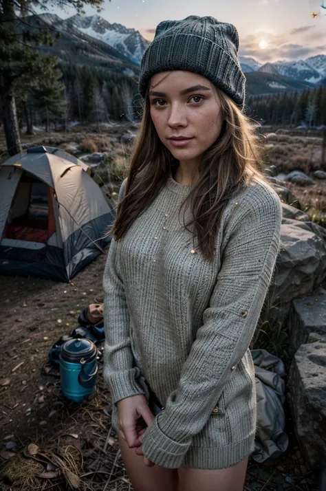 VeronicaCipher ((upper body selfie, happy)), masterpiece, best quality, ultra-detailed, solo, outdoors, (night), mountains, nature, (stars, moon) cheerful, happy, backpack, sleeping bag, camping stove, water bottle, mountain boots, gloves, sweater, hat, fl...