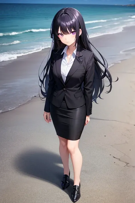 1girl, black hair, purple eyes, long hair, beach background, suit, office lady, black skirt, black blazer, pencil skirt, skirt suit, medium skirt, white shirt, collared shirt, long hair, teenager, looking at viewer, full body, high school girl, jk, 15 year...