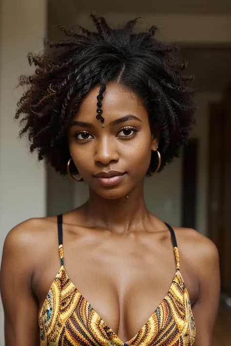 A female AI model of East African descent, possibly resembling the beauty standards of Burundi or Rwanda. She has the rich, dark skin tone often associated with African heritage. Her hair is styled in a modern African manner, perhaps in beautifully an afro...