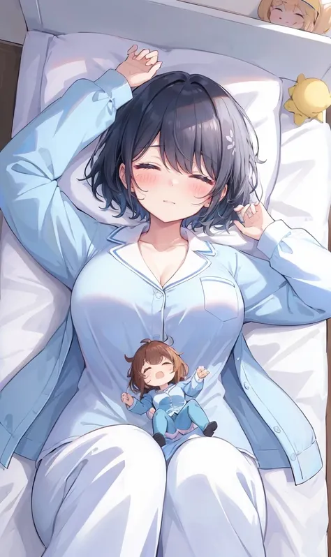 adventurer pajamas, (2girls:1.5), (simple background) (sleeping on a bed together cuddling: 1.2), (girl laid down on a bed: 1.2)...