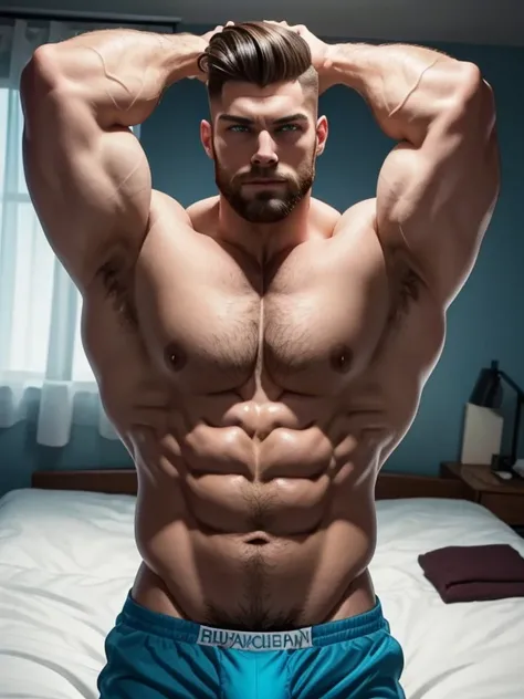 View from head to waist of impossibly massive bodybuilder shaped Muscle god, caucasian, handsome, slight beard, radiant light blue eyes, masculine, realistic face, undercut hairstyle, realistic, high definition, high quality, view from head to waist, arms ...