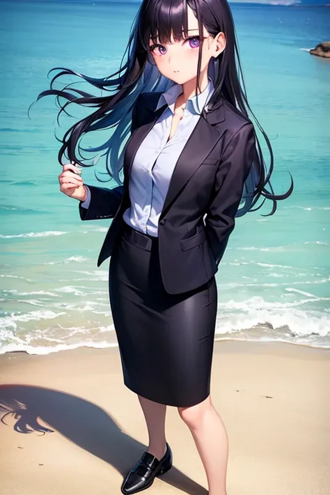 1girl, black hair, purple eyes, long hair, beach background, suit, office lady, black skirt, black blazer, pencil skirt, skirt suit, medium skirt, white shirt, collared shirt, long hair, teenager, looking at viewer, full body, high school girl, jk, 15 year...