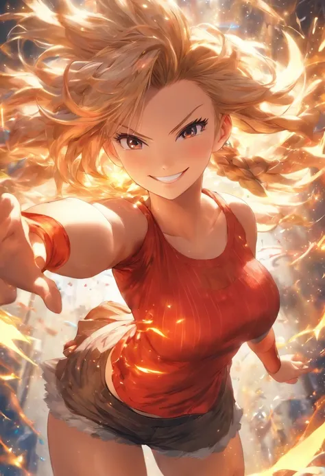 Best quality, Masterpiece, (reality:1.4), 1 white girl, beautiful smile, Huge breasts, Bouncy, Red short shirt, Waist up, Enlightenment lighting,High quality accuracy, 4k, Full image, For a full body