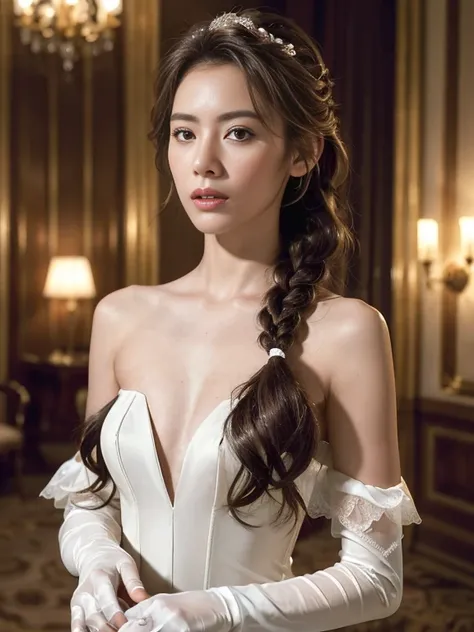 best quality, masterpiece, (photorealistic:1.4), 1girl, cowboy shot, luxury elegant bare shoulder deep v wedding dress, dramatic lighting, hair over shoulders, white gloves, v arms, luxury hall background, night, japanese face, braid hair,small breast