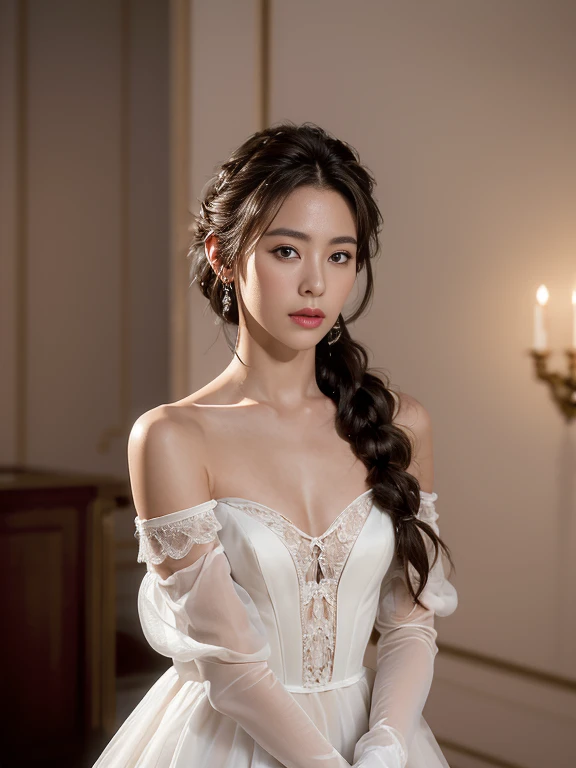 best quality, masterpiece, (photorealistic:1.4), 1girl, cowboy shot, luxury elegant bare shoulder deep v wedding dress, dramatic lighting, hair over shoulders, white gloves, v arms, luxury hall background, night, japanese face, braid hair,small breast