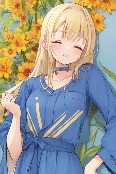 blonde hair, blue clothes, full height, smile, closed eyes