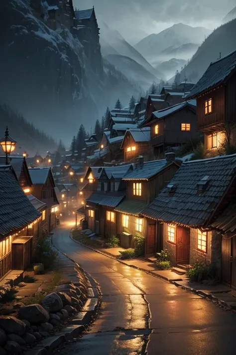 Poor small mountain village streets, villagers, old houses, very detailed, night, gloomy, terrifying, overlooking