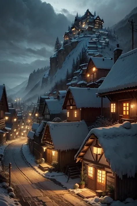 Poor small mountain village streets, villagers, old houses, very detailed, night, gloomy, terrifying, overlooking