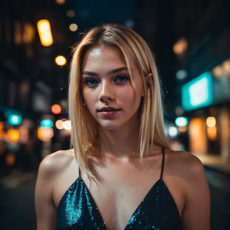 (straight half of the body: 1.4), RAW UHD portrait photo of a 24-year-old blonde walking down a dark alley,,, city at night, (dress), (neckline), details (textures! , hair! , glitter, color!! , disadvantages: 1.1), glossy eyes with high detail (looking at ...