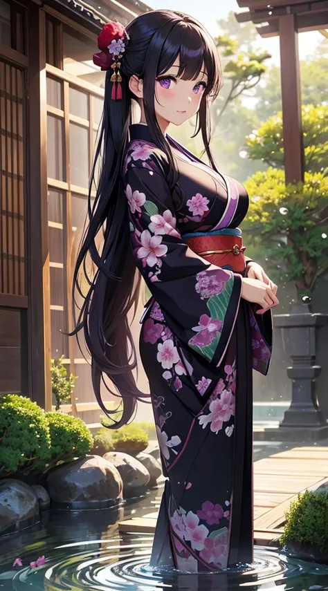 （enchanting）、beautiful woman with big breasts、purple eyes、（plum blossom pattern）、black kimono、（wet kimono）、long hair down to the waist、water droplets、Climbing dragon、standing position、embarrassed face、（evening）、Japanese garden、