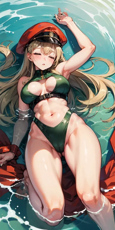 full-body close-up, create an elegant atmosphere), barefoot on water, sleeping on waterbed ((top-quality)), cammy, Olive Drab leotard, Red beret, Beautiful skins, Beautiful belly, hips up, sweet,
