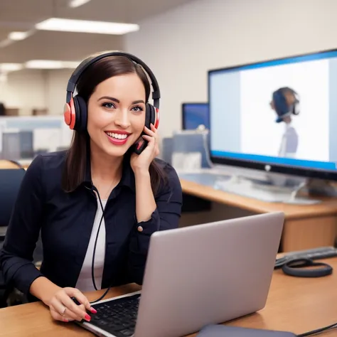 a woman in headphones smiling and extending her hand, advertisement image, call now, client, impressive image, in an office, help, advertising photo, telephone, clients, using headphones, in the background, advertisement, promotional image, working in a ca...