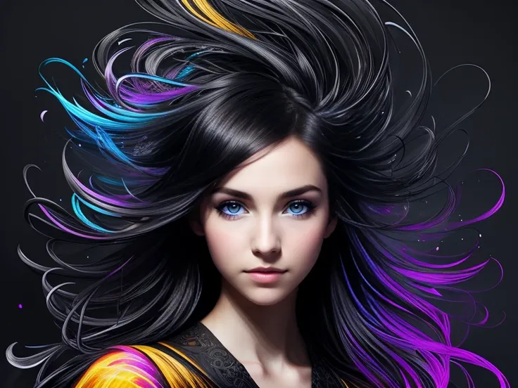 Colorful beautiful girl: a giru 28-years old, messy hair, oil painting, nice perfect face with soft skinice perfect face, blue yellow colors, light purple and violet additions, light red additions, intricate detail, splash screen, 8k resolution, masterpiec...