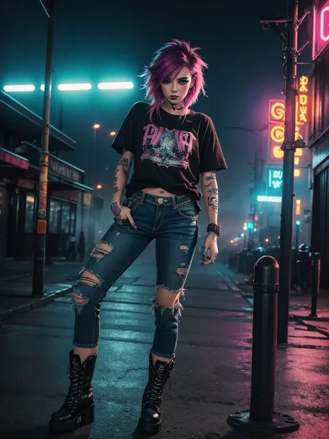 alternative girl,illustration,bright hair,colorful tattoos,piercings,grunge style,edgy makeup,distressed jeans,band t-shirt,vintage boots,fierce expression,confident pose,foggy background,city skyline,neon lights,dark and moody colors,soft ambient lighting