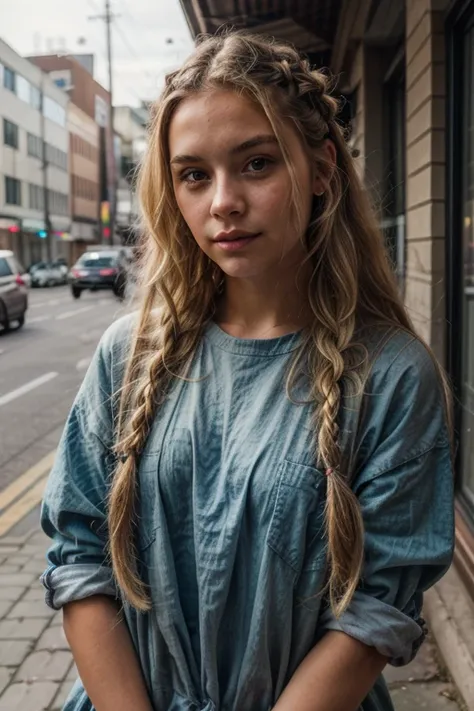 a 20 year old girl with blonde braided hair, in public, selfie, portrait