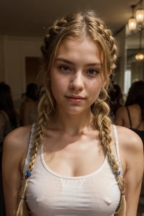 a 20 year old girl with blonde braided hair, in public, selfie, portrait