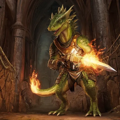 Ultra realistic, hyperrealistic, highly detailed scale texture, lizardfolk, green scales, glowing purple eyes, glowing purple tattoos, wearing leather armour, holding purple flame sword, dungeon background, glowing magic effects, 