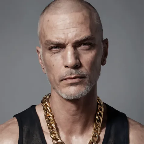 Criminal man, old, rough face, in jail, tank top, thick gold chain