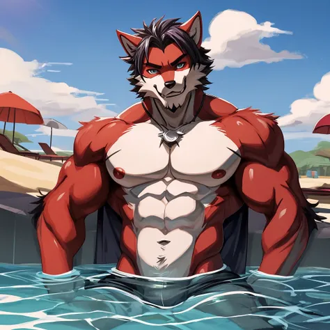 lobo com o corpo musculoso suado, in only beach underwear excited and ejaculated in a sexy pose in a pool.