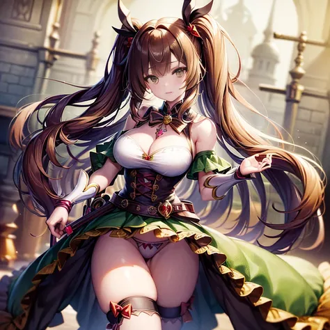 (masterpiece), (best quality), detailed,
1 girl, soro, twintails, long wavy hair twintails.hairs between eyes,dark green eyes ,dark green hair, (magical girl:1.2),
bow, dress, (pink:0.6), over legwear, boots, too many frills, too many bow, standing,striped...