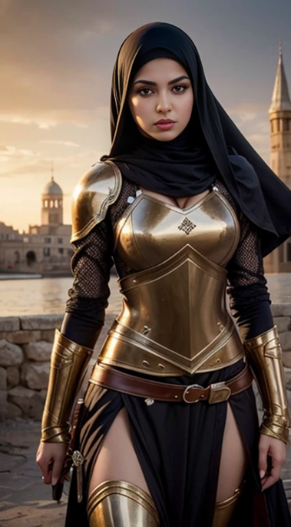 RAW, Best quality, high resolution, Masterpiece: 1.3), Beautiful persian woman in hijab,Masterpiece, best quality,8k, brown eyes, perfect eyes,leather cloth,armor, battlefield,sword,bloody