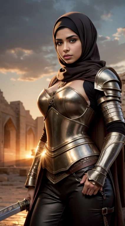 RAW, Best quality, high resolution, Masterpiece: 1.3), Beautiful persian woman in hijab,Masterpiece, best quality,8k, brown eyes, perfect eyes,leather cloth,armor, battlefield,sword,bloody