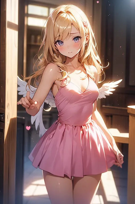 ((best quality)), ((masterpiece)), (detailed), perfect body, A sexy Blonde Girl, small boobs, pink dress with angel wings. Boobs poking out.