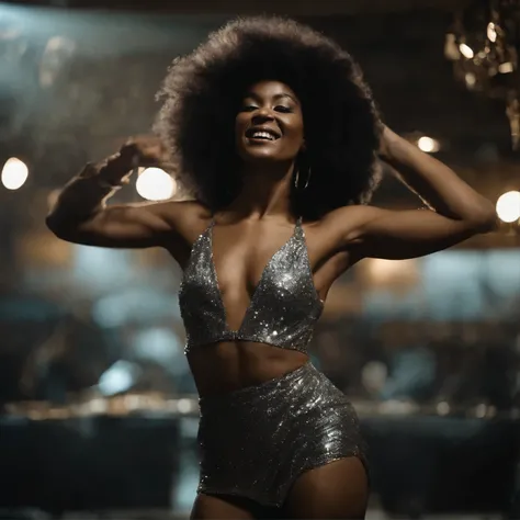 1woman, black, short silver dress, dancing, 1970s, afro hair, makeup, in a disco