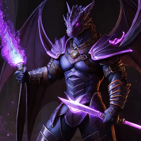 Ultra realistic, hyperrealistic, highly detailed scale texture, d&d dragonkin, green scales, glowing purple eyes, glowing purple scales, wearing rough leather armour, holding purple flame sword, dark dungeon background, glowing magic effects, 