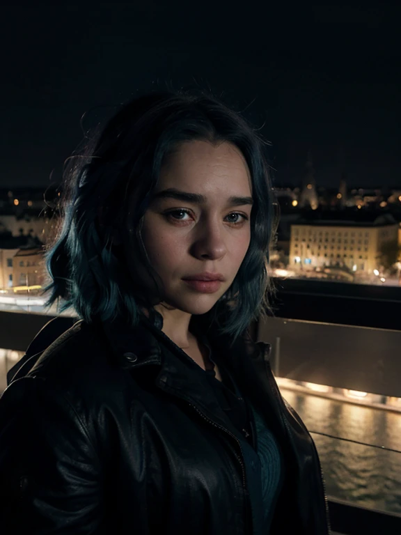 21 years old woman, blue hair, Emilia Clarke face, at night, dark, background is Budapest from above