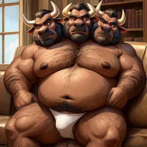 three heads one body, minotaur, identical, obese, old, grumpy, thick neck, living room background, detailed eyes, anatomically correct eyes, Disney eyes, shirtless, nipples, white underwear, navel, sweaty, hairy, gross, sitting on couch, Disney style, rugg...