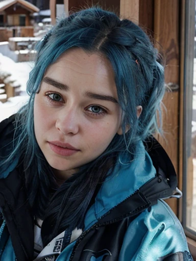 21 year old woman blue hair Emilia Clarke face in a ski resort