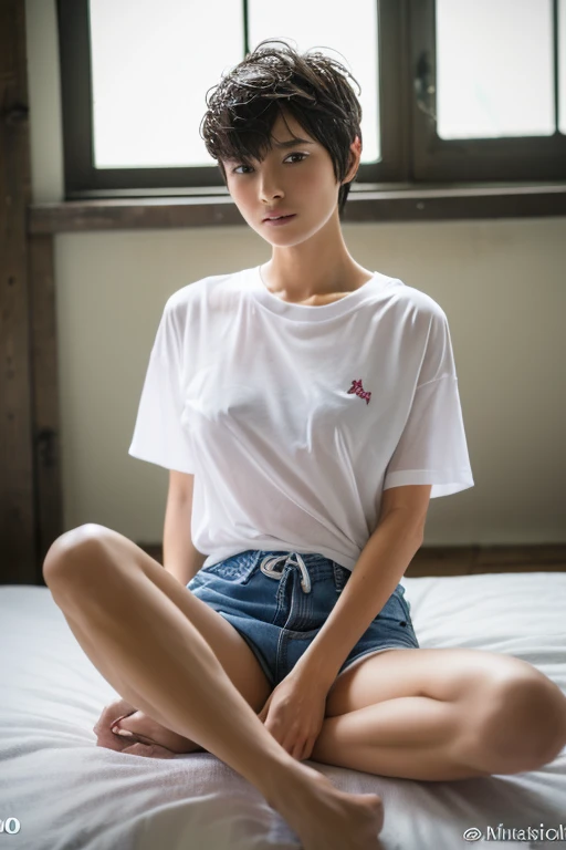 ((Top Quality, 8k, Masterpiece: 1.4)), A Japanese Lady, look at viewr, very short hair, buzz cut, Naked, Skinny, 25-years old . spread her legs ,inside bedroom, look at a camera, spread her legs, (spread pussy:1.4), close-up, inside bedroom, (wet pussy:1.2...