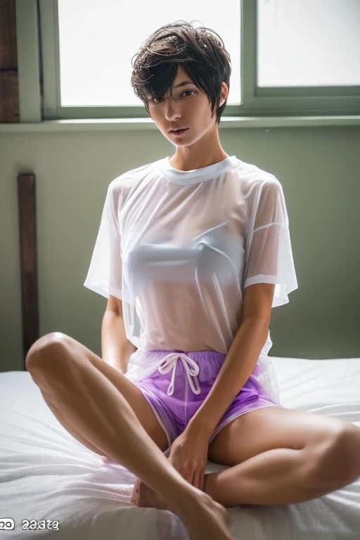 ((Top Quality, 8k, Masterpiece: 1.4)), A Japanese Lady, look at viewr, very short hair, buzz cut, Naked, Skinny, 25-years old . spread her legs ,inside bedroom, look at a camera, spread her legs, (spread pussy:1.4), close-up, inside bedroom, (wet pussy:1.2...