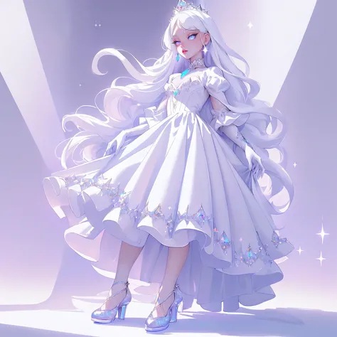 {-erro_de_anatomia:1.0} masterpiece, highest quality, (perfect face:1.1, (high detail)1.1, sweet stardust vampire , long soft white hair, opal eyes, perfectly drawn face, black dress, white background, prismatic lighting, glitter, whole body, cristal shoes...