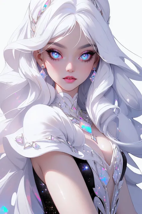 {-erro_de_anatomia:1.0} masterpiece, highest quality, (perfect face:1.1, (high detail)1.1, sweet stardust vampire , long soft white hair, opal eyes, perfectly drawn face, black dress, white background, prismatic lighting, glitter, whole body,