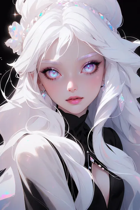 {-erro_de_anatomia:1.0} masterpiece, highest quality, (perfect face:1.1, (high detail)1.1, sweet stardust vampire , long soft white hair, opal eyes, perfectly drawn face, black dress, white background, prismatic lighting, glitter, whole body,