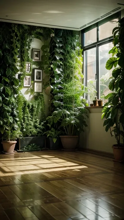 Wide angle high quality photography. Room filled all over with green plants. You can only see green plants. Indoor garden. Moody, low saturation. Dimmed lights. Fine art.