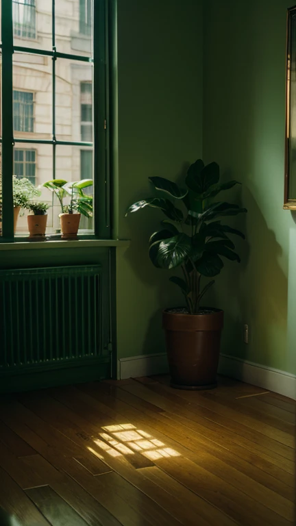 Wide angle high quality photography. Room filled all over with green plants. You can only see green plants. Indoor garden. Moody, low saturation. Dimmed lights. Fine art.