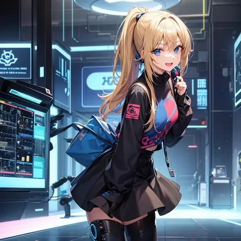 Anime, girl, blond hair, ponytail, not bangs, 2 hair strands in the front, smile expression, cyberpunk, blue, screens around girl, holograms, robots on ghe ground, walking, full body view, red shirt, black jacket, black baggy pants, boots, in a building, r...