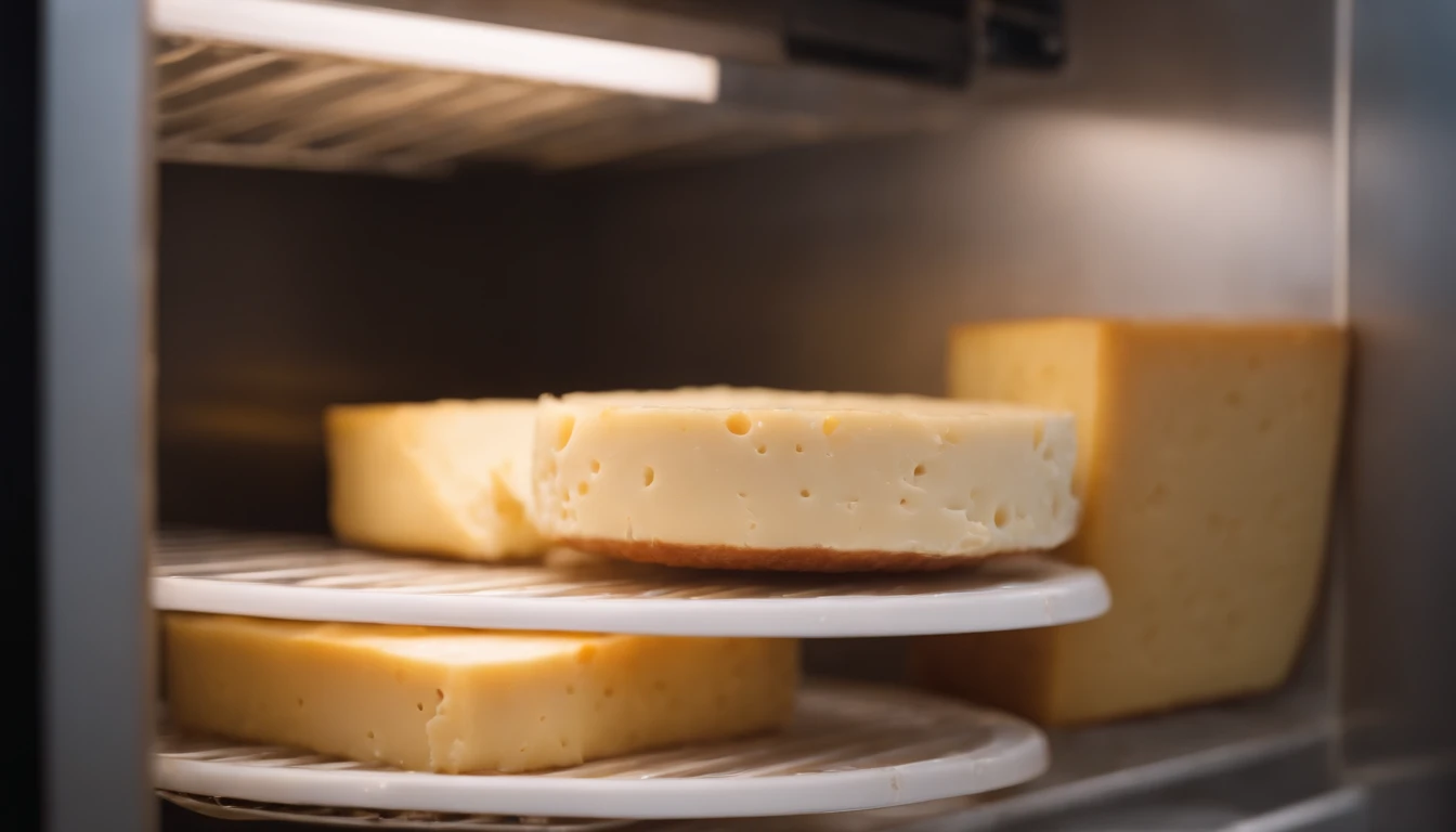 An open fridge at night filled with cheese. Moody, low saturation. Wide angle photography.