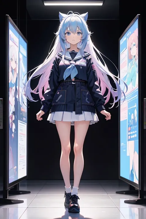 Anime girl, hologram screens around girl