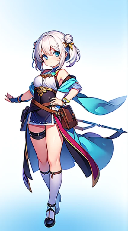 1girl, character design, fantasy, white background, simple background, blurry background, standing, fullbody, merchant