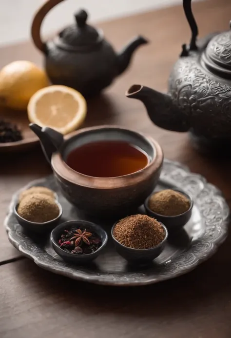 Fine art. Wide angle. Low saturation. Moody. Warm colors. A dark round wooden table. You can see a Turkish oriental silver tea pot & steaming tea cups filled with black tea. It looks like afternoon tea.