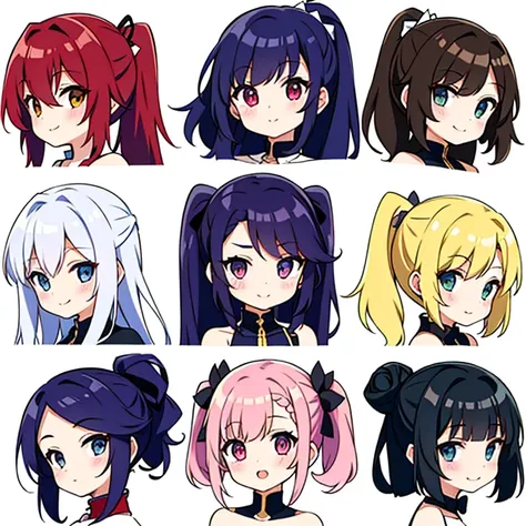 9 girls, white background,  different characters, multiple views, (Close up heads, portrait, mugshot), bra, bare shoulders, bikini, different hair colors, different hair styles, 
twin-tail hair style, 
pony-tail hair, wavy 
long hair, 
braid, 
parted bangs...