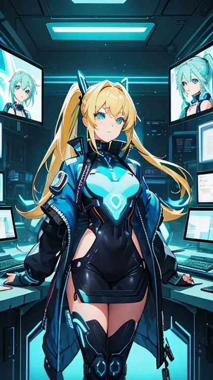 Futuristic, cyberpunk, anime girl, extreme details, blue light, hard exposure light, computer screens in background, blonde hair, ponytail, Futuristic clothing, blue lighting