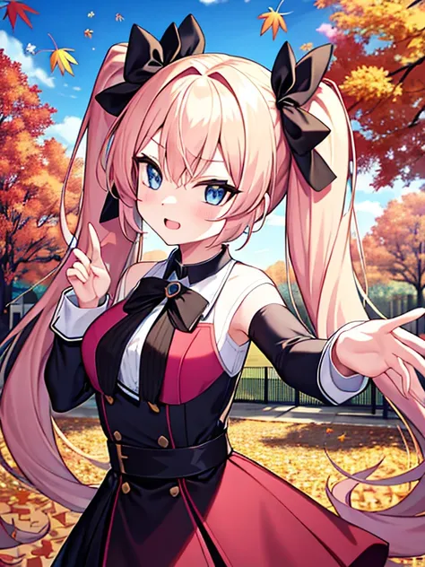 Extreme detail , highly detailed pink hair, blue eyes, long hair, change,twin tails,sassy change，cheey change，mesugaki,girl,daytime park,autumn,autumn leaves,(much leaves dancing in the sky):1.3