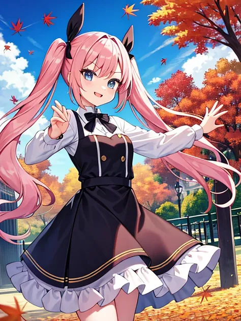 Extreme detail , highly detailed pink hair, blue eyes, long hair, change,twin tails,sassy change，cheey change，mesugaki,girl,daytime park,autumn,autumn leaves,(much leaves dancing in the sky):1.3