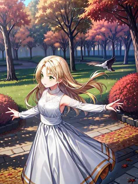 Extreme detail , masterpiece, highly detail, one girl ,blonde hair, green eyes, long hair, change,sassy change，cheey change ,girl,daytime park,autumn,autumn leaves,(much leaves dancing in the sky):1.3