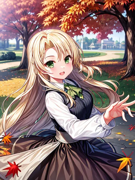 Extreme detail , masterpiece, highly detail, one girl ,blonde hair, green eyes, long hair, change,sassy change，cheey change ,girl,daytime park,autumn,autumn leaves,(much leaves dancing in the sky):1.3